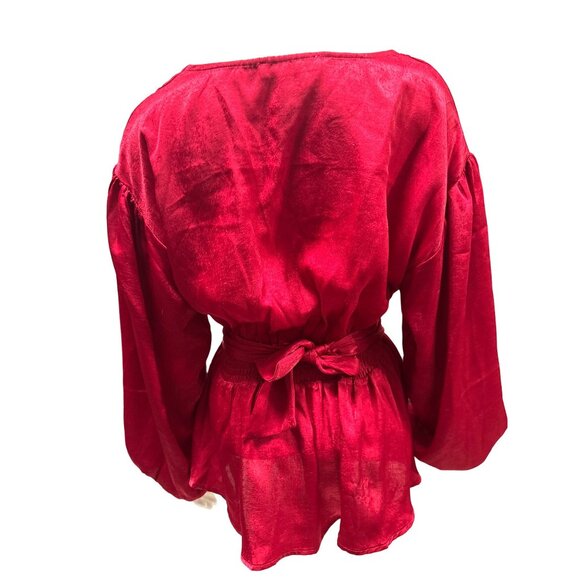 A Calin Red Wrap Blouse Small Flying Tomato Tie Waist Puff Sleeve Peplum Top Sm - Picture 4 of 10
